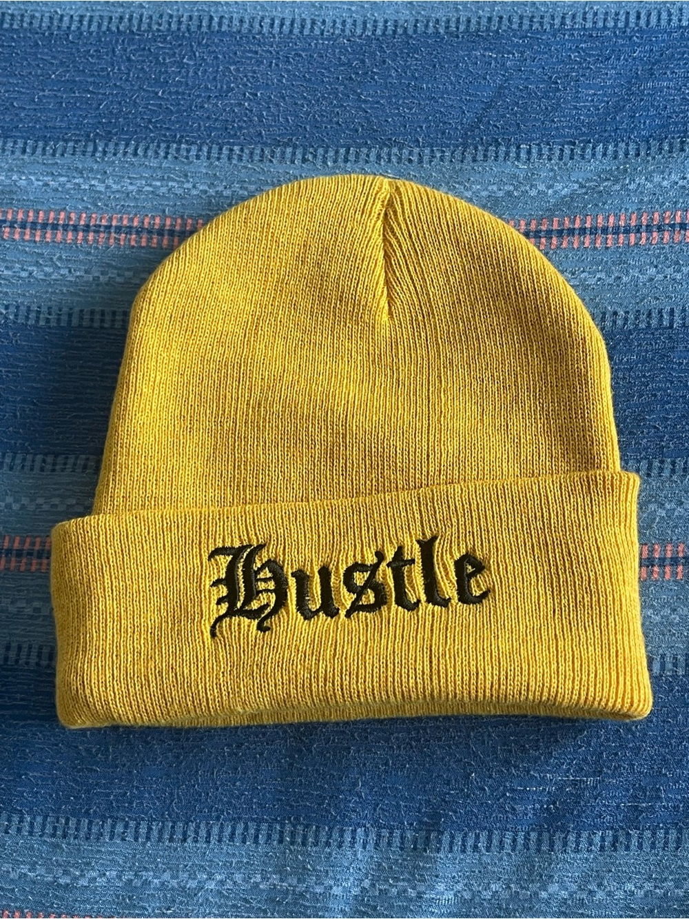 Rue21 Yellow Knit Beanie with Black 'Hustle' Embroidery